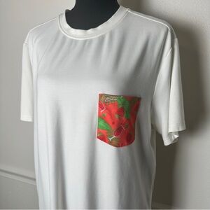 White Short-Sleeve Crewneck Tee with Red & Green Printed Pocket